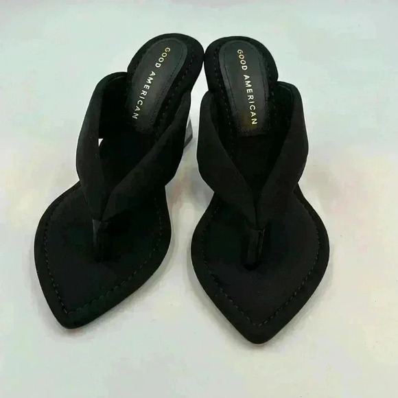 🆕 with box Good American neoprene black thong with clear wedge heels - Picture 3 of 12